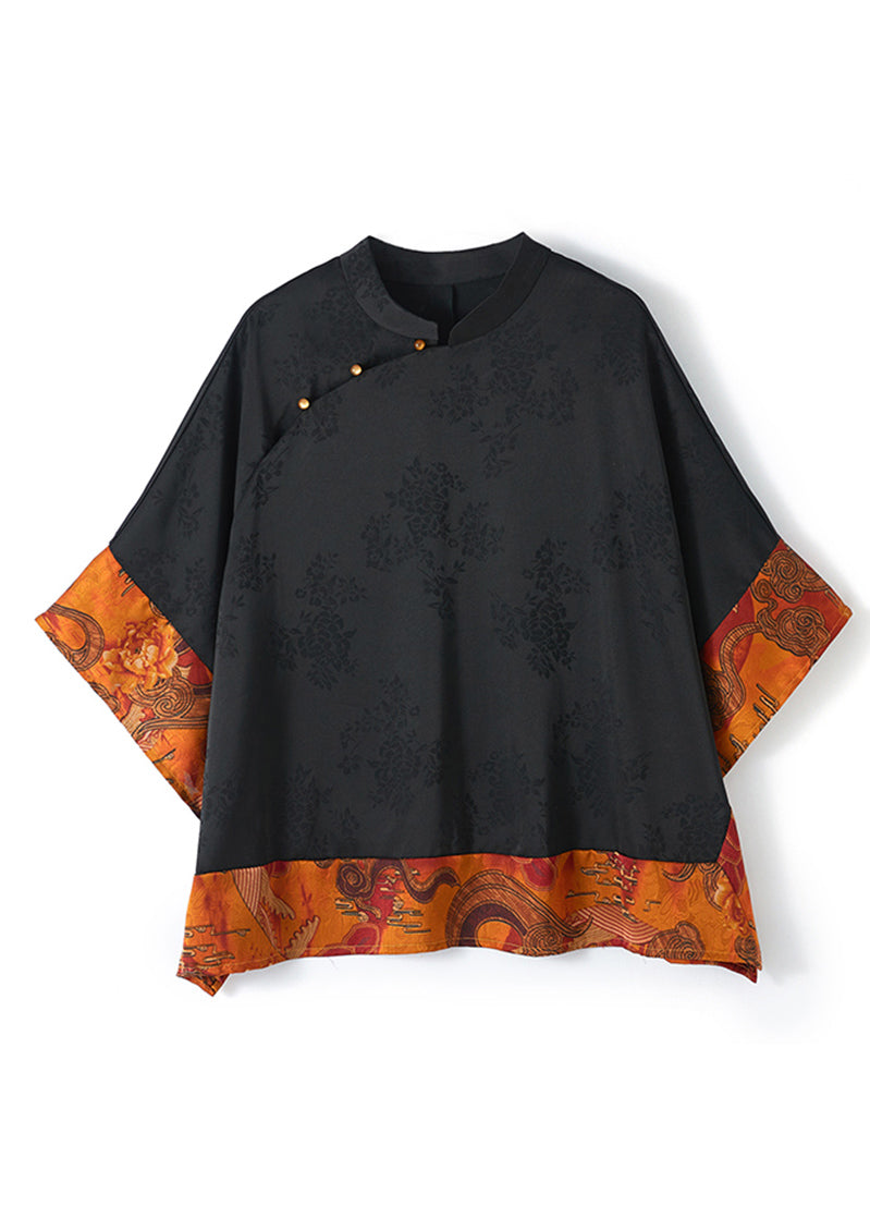 Vintage Black Mandarin Collar Asymmetrical Patchwork Jacquard Silk Shirts Batwing Sleeve