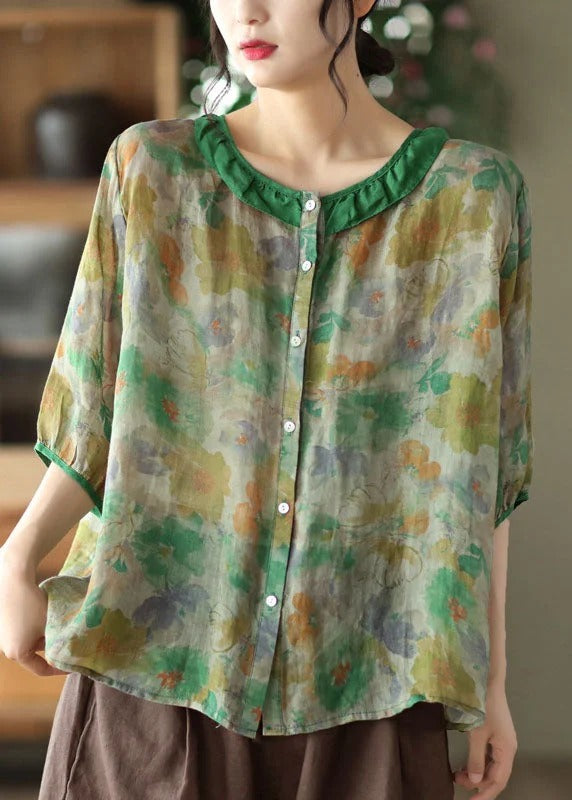 Simple Orange Peter Pan Collar Print Button Cotton Blouse Tops Long Sleeve