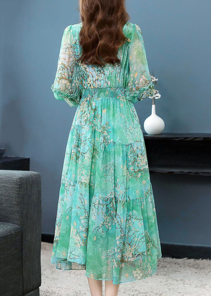 Green Print Patchwork Silk Dress Ruffled Lantern Sleeve