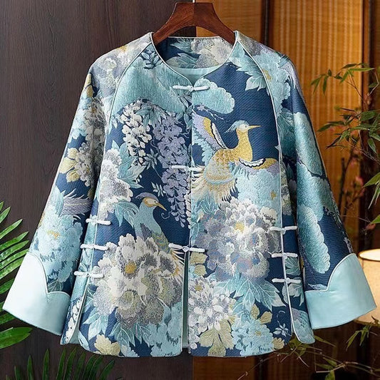 Chinese Style Blue Embroidered Oriental Button Spliced Silk Coat Autumn