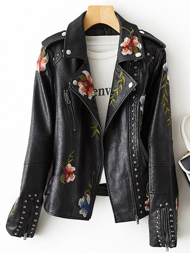 Retro Floral Print Embroidery Faux Soft Leather Jacket