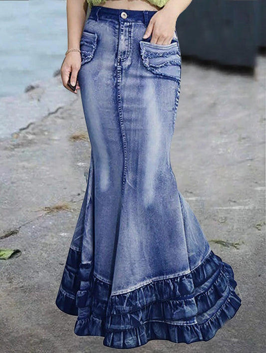 Casual Plain Spliced Mermaid Hem Denim Skirt