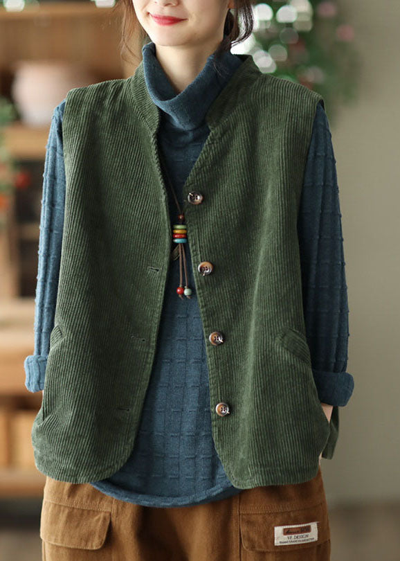 Boutique Green Stand Collar Solid Corduroy Vest Tops Spring