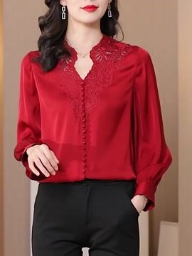 Satin Cutout Long Sleeve Red Shirt