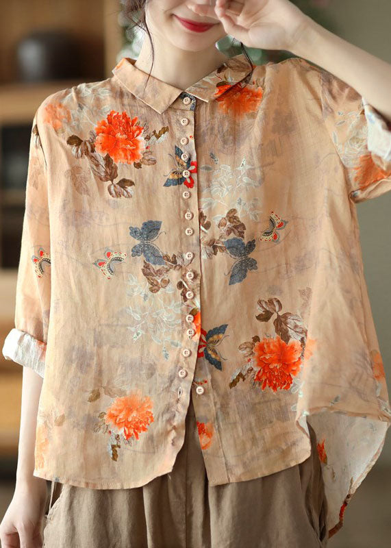 Simple Orange Peter Pan Collar Print Button Cotton Blouse Tops Long Sleeve