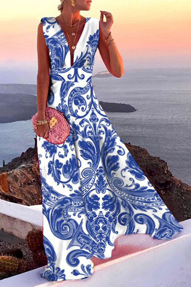 Fashion Simplicity Print Split Joint V Neck A Line Dresses(5 Colors)