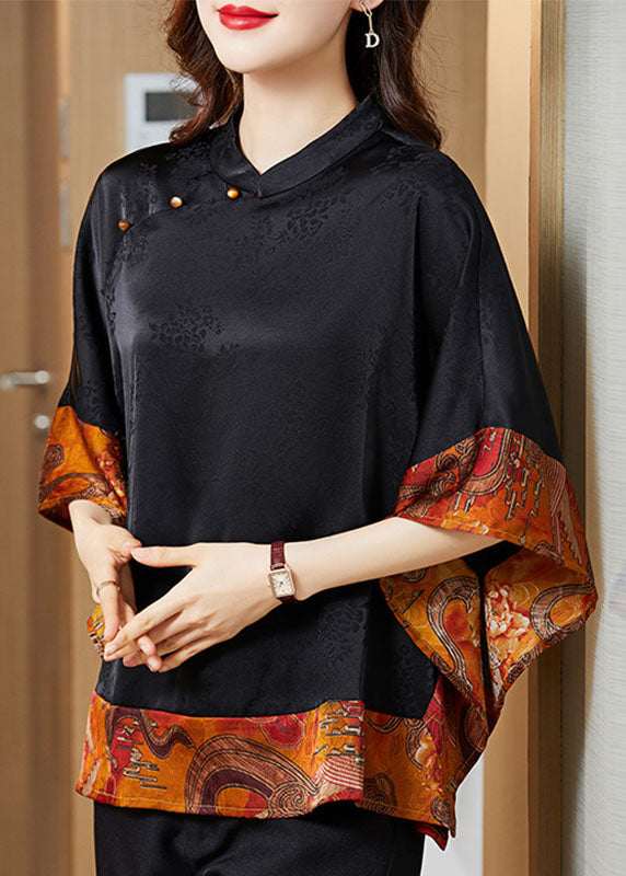 Vintage Black Mandarin Collar Asymmetrical Patchwork Jacquard Silk Shirts Batwing Sleeve