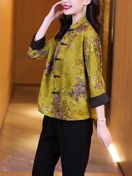 Chinese Style Golden Brown Stand Collar Button Print Silk Coats Long Sleeve