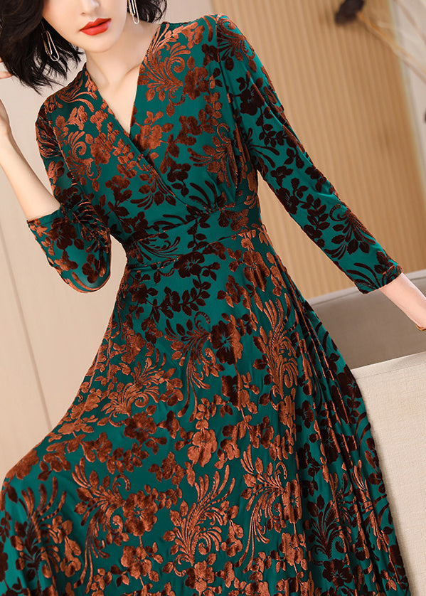 Classy Blackish Green V Neck Print Slim Velour Maxi Dresses Spring