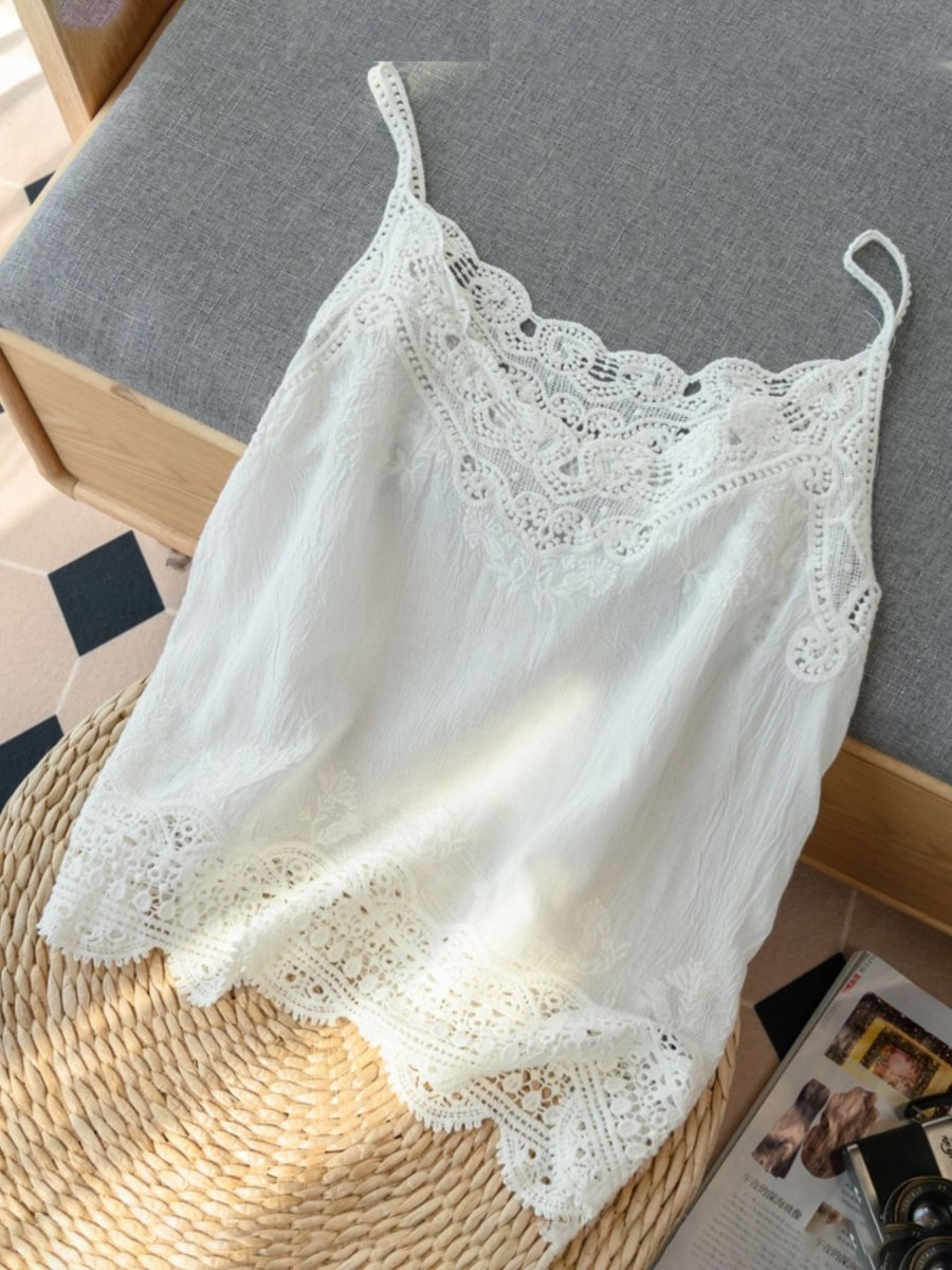 Khaki Loose Casual Vintage Lace Sleeveless Vest