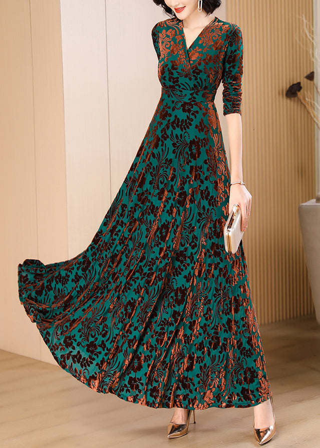 Classy Blackish Green V Neck Print Slim Velour Maxi Dresses Spring