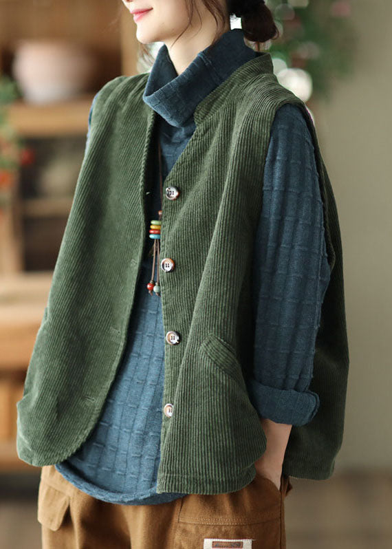 Boutique Green Stand Collar Solid Corduroy Vest Tops Spring