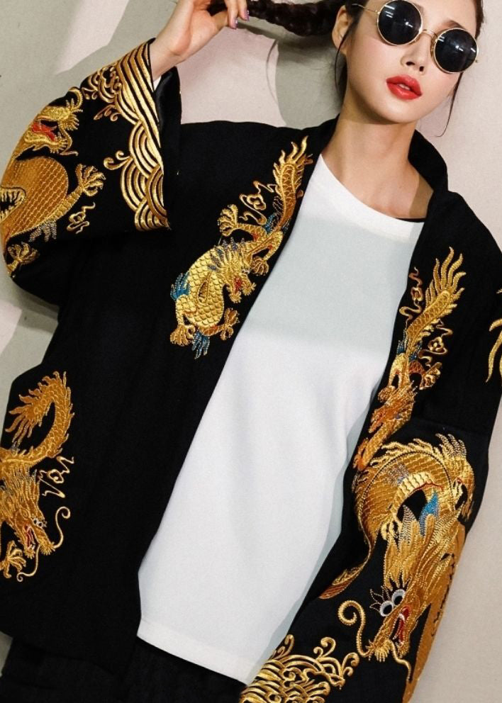 2023 Trendy Gold Painted Dragon Oversized Cotton Cardigan Jacket