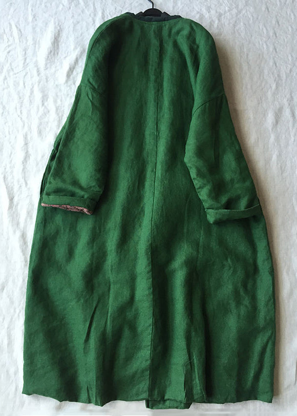 Women Green V Neck Button Cotton Filled Parka Long Coats Winter