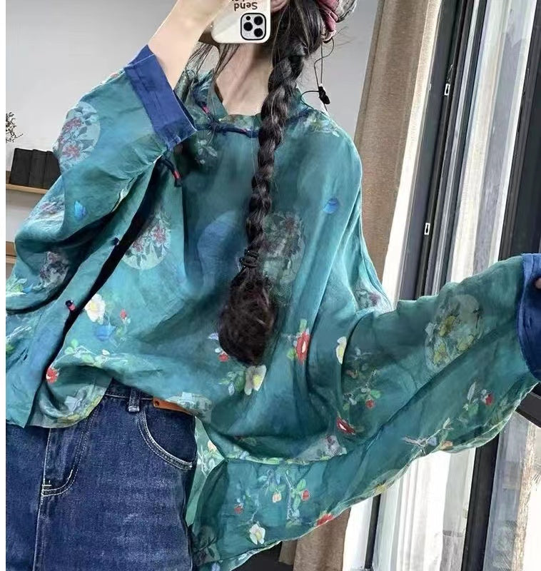 Loose Blue Button Print Patchwork Cotton Shirts Long Sleeve