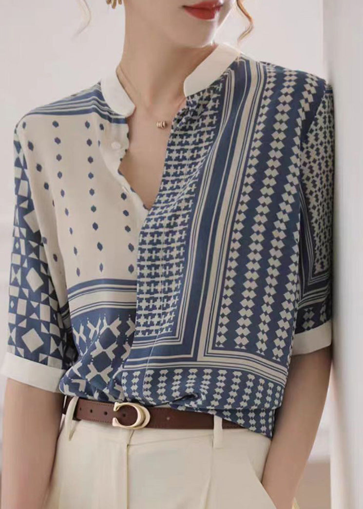 Novelty White Stand Collar Striped Print Button Chiffon Shirt Summer