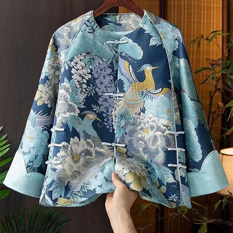 Chinese Style Blue Embroidered Oriental Button Spliced Silk Coat Autumn