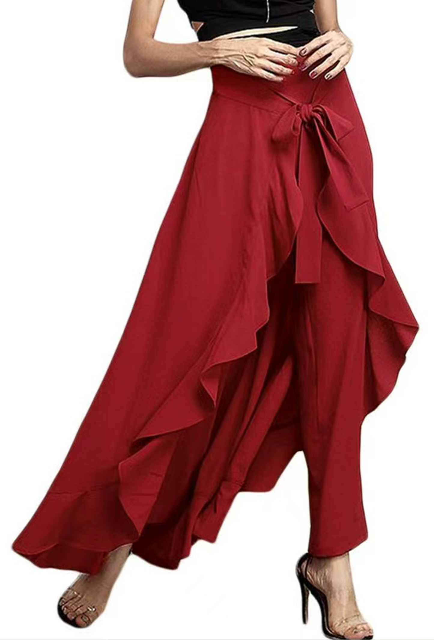 Elegant Grey Waist Spliced Ruffle Hem Straight Leg Skirt