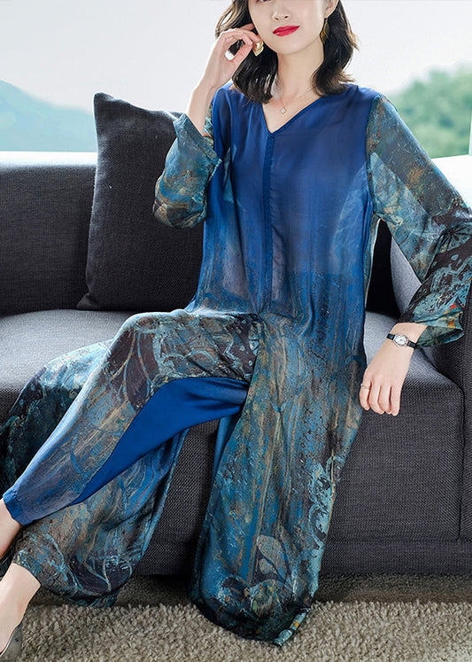 Boutique Blue V Neck Side Open Print Silk Dress And Wide Leg Pants Women Sets Two Pieces Summer